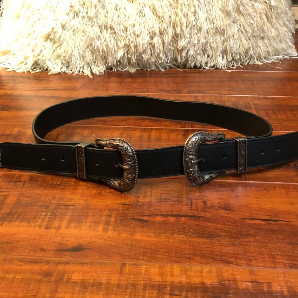 Black Steampunk Rocker Western FAUX LEATHER Double Buckle Adjustable Belt M / L